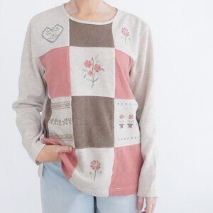 Vintage Alfred Dunner Beige Pink Floral Patchwork Cottage Knit Crewneck M